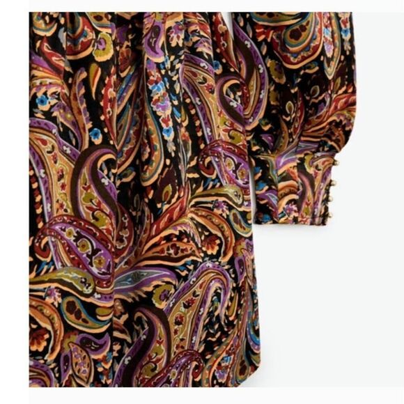 Zara Boho Paisley Mini Dress Long Sleeve Gold Details V Neck Multicolor Size L - Picture 6 of 16